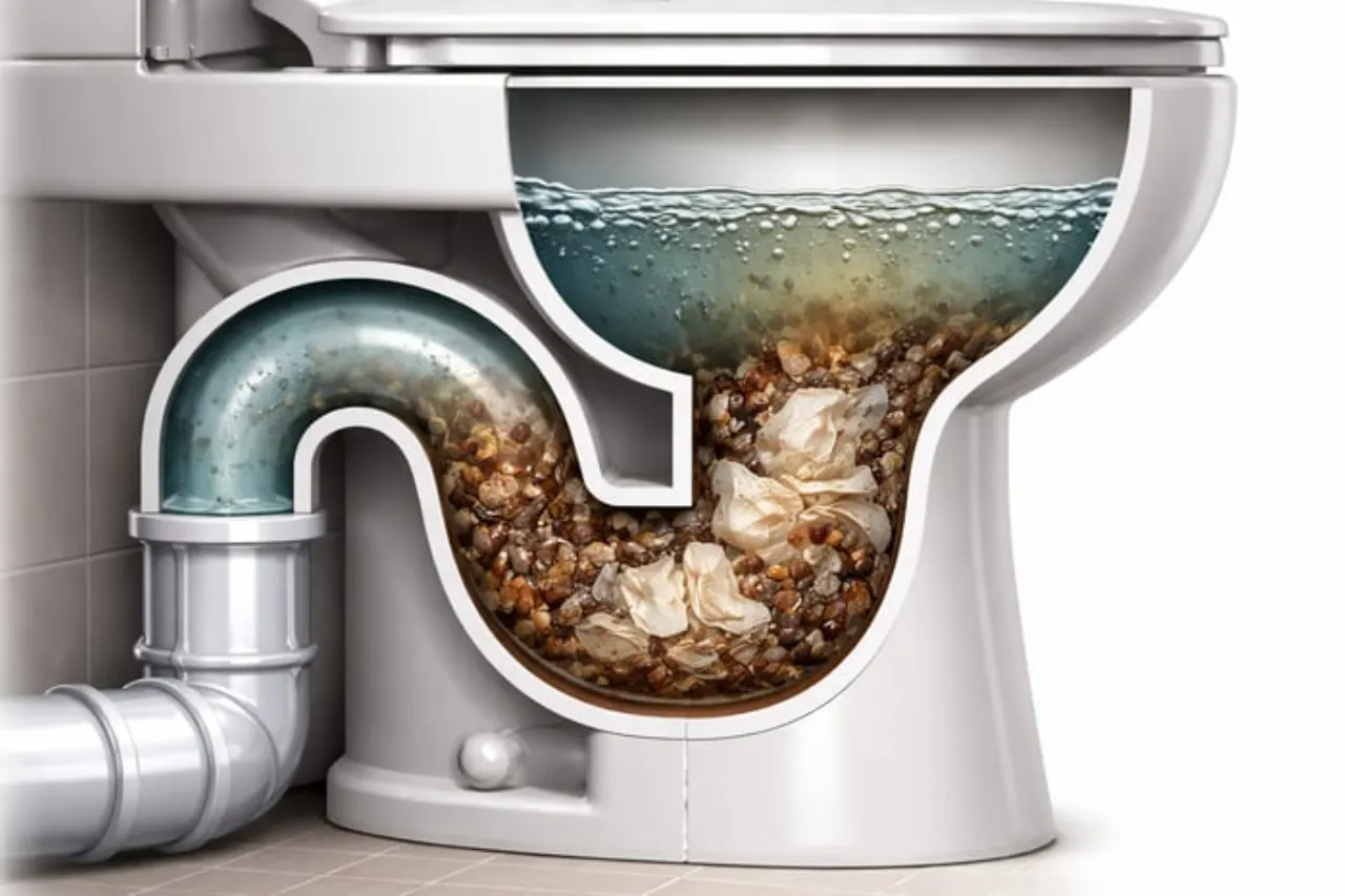 Cutaway of a blocked toilet pipe