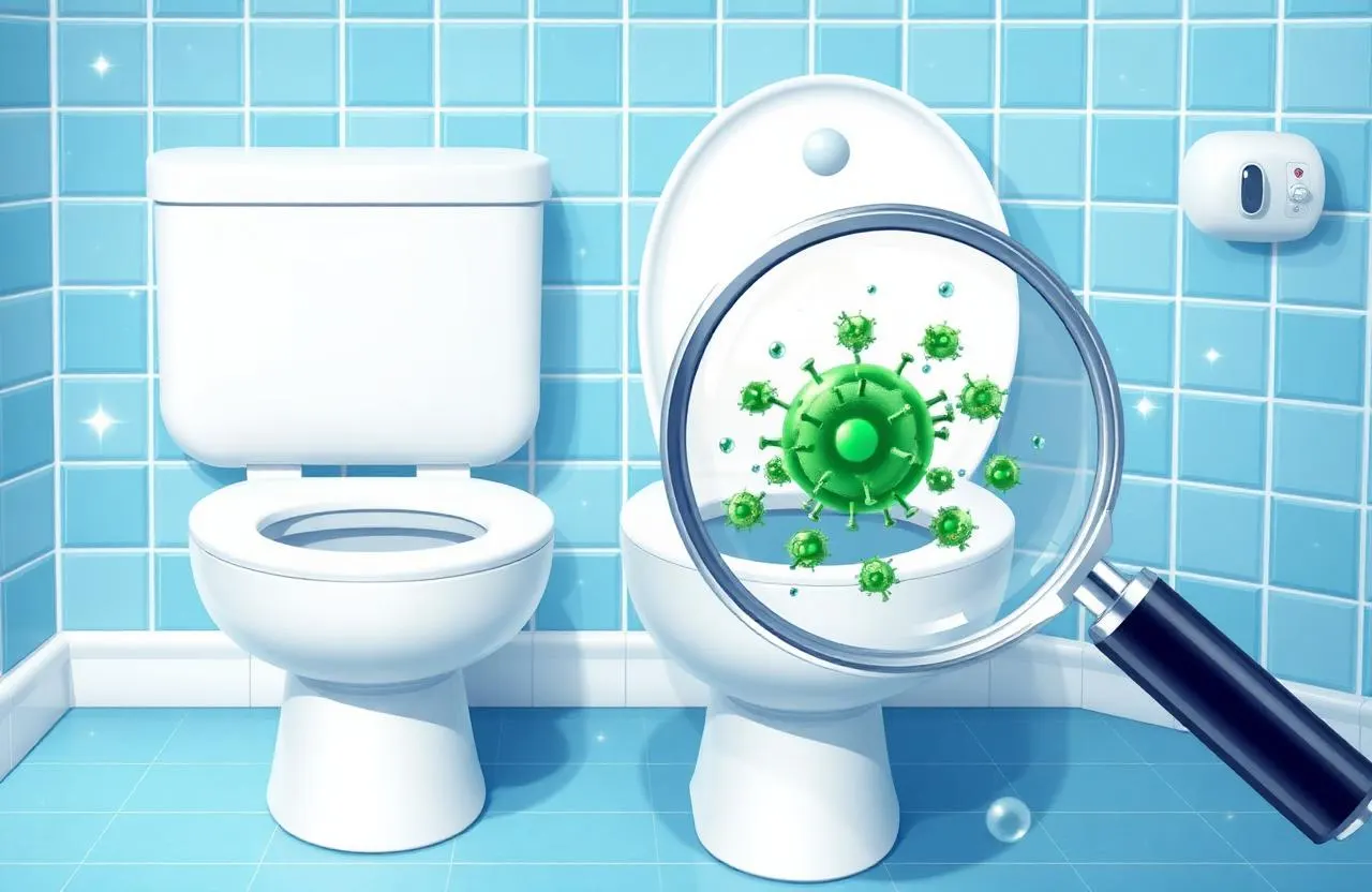 Toilet with magnifying glass revealing bacteria