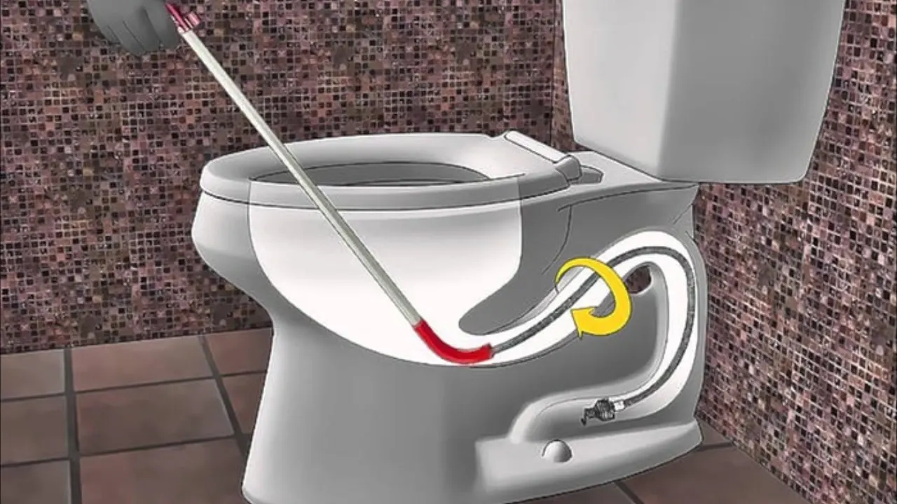 Plumber snake reaching into toilet drain